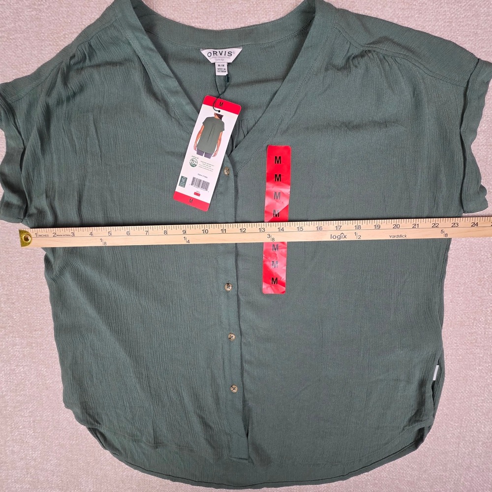 Orvis Womens Green Short Sleeve Button Up Blouse Crinkle Texture Top Medium NEW - Picture 5 of 9